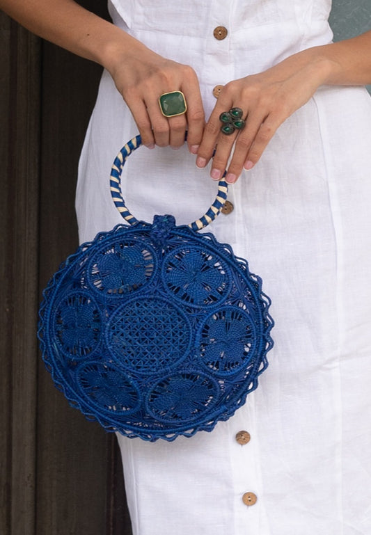 Small Blue Iraca Palm Handwoven Bag - Small Blue Round Handcrafted Bag