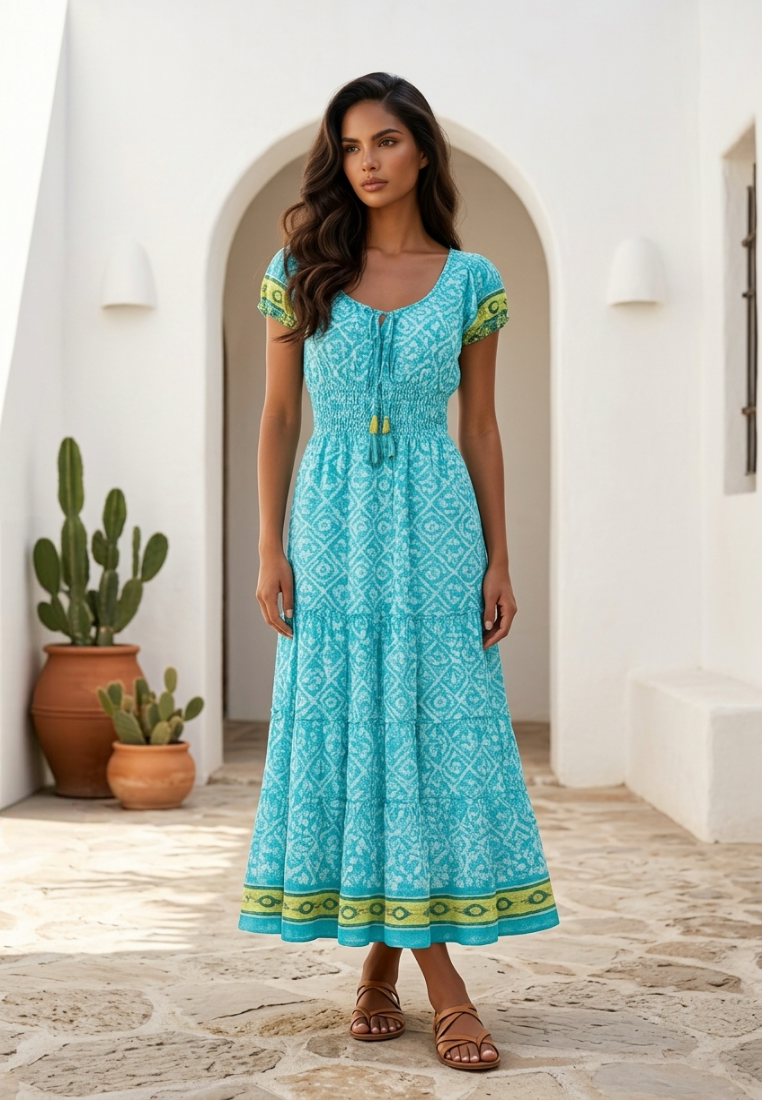 Woman wearing a turquoise dress with green patterns standing in front of a white archway.