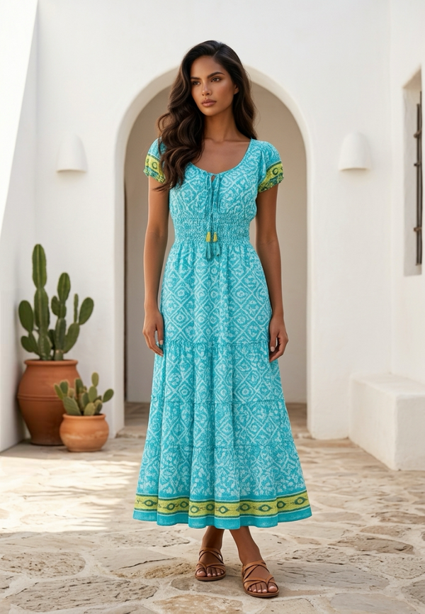 Woman wearing a turquoise dress with green patterns standing in front of a white archway.