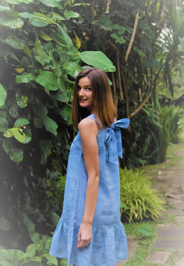 Alma Blue Linen Dress | Italian Organic Linen Singapore – Coral Secret Small