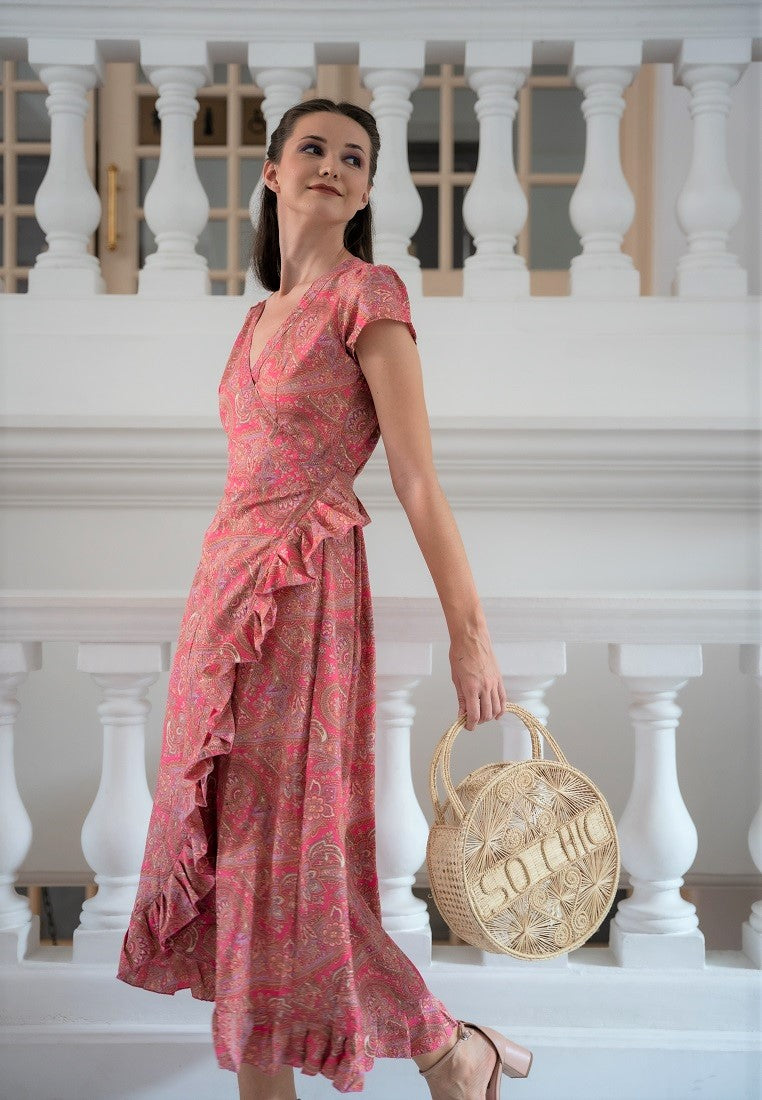 Pink Floral Silk Wrap Dress Silk Dress Summer Dress Singapore
