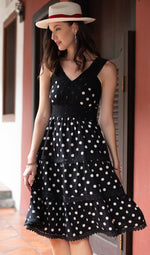 Load image into Gallery viewer, Polka Dots Summer Dress | Black and White Cotton Dress  | Summer Black Midi Dress
