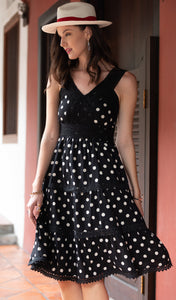 Polka Dots Summer Dress | Black and White Cotton Dress  | Summer Black Midi Dress