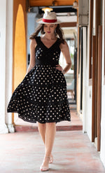 Load image into Gallery viewer, Polka Dots Summer Dress | Black and White Cotton Dress  | Summer Black Midi Dress
