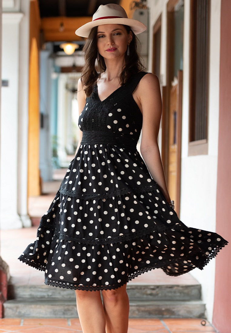 Polka Dots Summer Dress | Black and White Cotton Dress  | Summer Black Midi Dress