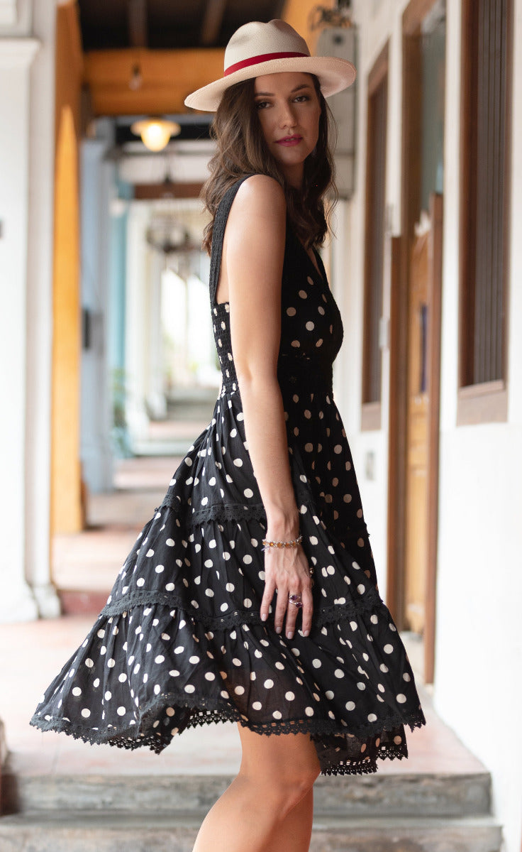 Polka Dots Summer Dress | Black and White Cotton Dress  | Summer Black Midi Dress