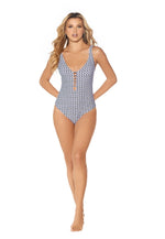 Load image into Gallery viewer, Blue And White Tummy Control Swimsuit
